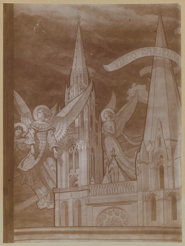 Photographie d'un détail du carton pour la mosaïque Le Voeu de Louis XIII, anges volant parmi les flèches de Notre-Dame-de-Chartres - D. Freuler
