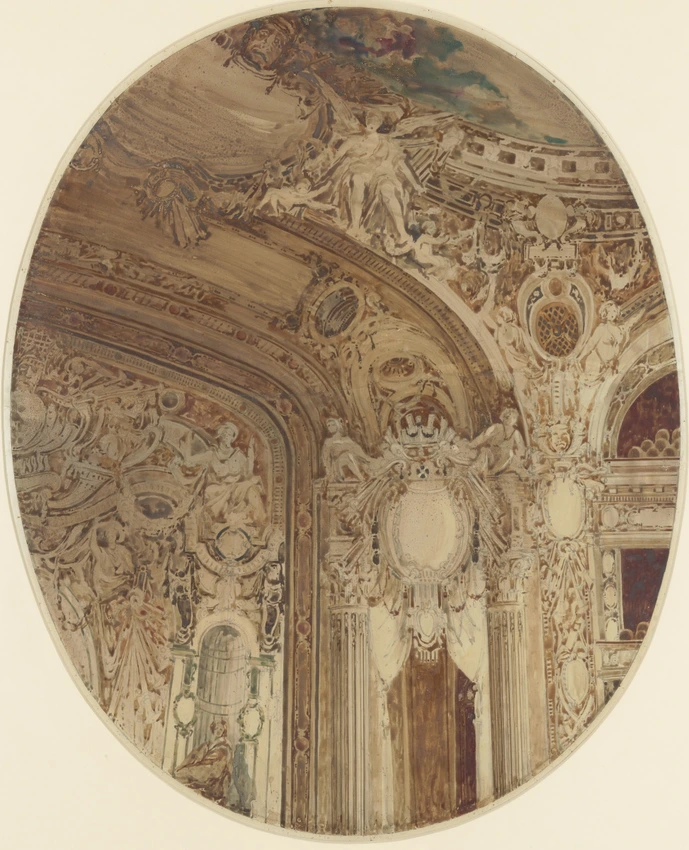 Décoration d'une salle de spectacle, vue perspective vers un angle de la salle - Maurice Boille
