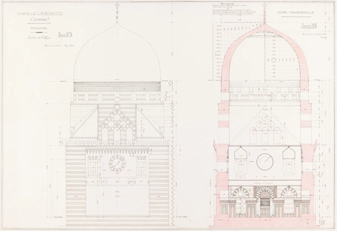 Chapelle L.M. Schilizzi à Livourne (Italie), façade et coupe transversale - Ambroise Baudry