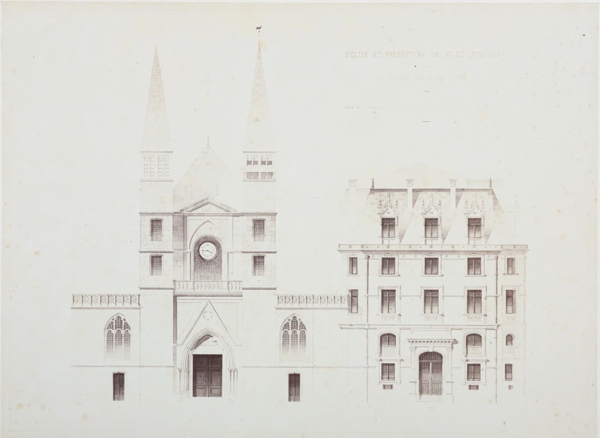 Reproduction d'une gravure de l'église et du presbytère de Saint-Leu et Saint-Gilles, façade donnant sur la rue Saint-Denis - Marville