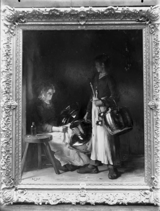 Femme assise nettoyant une bassine en cuivre et jeune aide debout tenant des cuivres, Joseph Bail - Alexis André