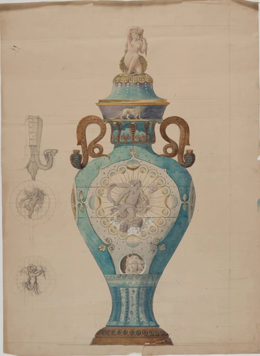 Projets pour la Manufacture de Sèvres, projet de vase ou d'urne décoré d'un médaillon représentant Vénus sur son char tiré par des colombes - Louis Boitte
