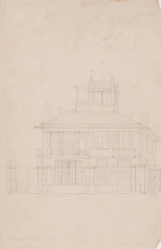 Vue d'une maison, élévation avec grille d'entrée et deux personnages au balcon. Deux plans cotés au verso - Victor Baltard