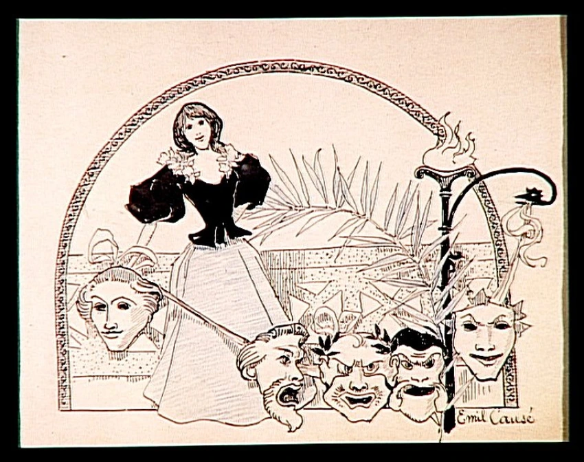 Motif décoratif formé de masques de comédie, d'une figure de jeune femme debout vêtue d'une jupe bleue et d'une petite veste noire, d'un candélabre à l'antique et d'une palme - Emile Causé