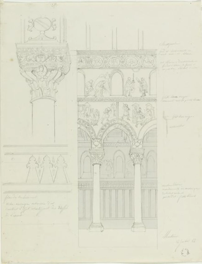Monreale, église, une travée de la nef, détail d'un chapiteau et de la frise sous les fenêtres du bas-côté - Alphonse Gosset