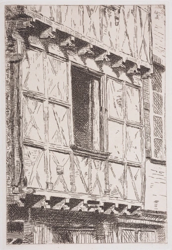Maison moyenâgeuse, détail de la façade à pans-de-bois. Rue des Moulins, Le Mas d'Azil, Ariège - Arthur Algernon Taylor