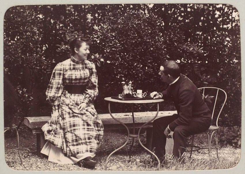 La Collation (une jeune femme en conversation avec le peintre Gustave Popelin) - Gustave Popelin