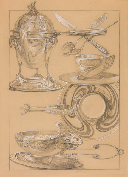 Alphonse Mucha-Chocolatière, tasse et soucoupe, pince à sucre, sucrier, couverts