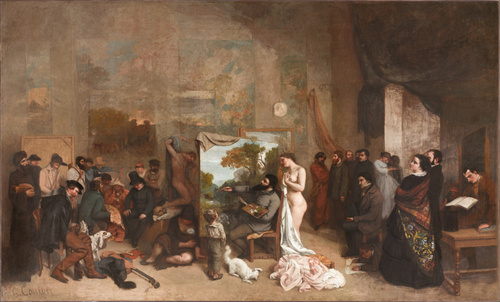 tableau, Gustave Courbet, L'Atelier du peintre, allégorie réelle déterminant une phase de sept années de ma vie artistique (détail), entre 1854 et 1855