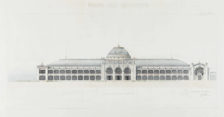 Projet pour l'Exposition universelle de 1889, palais des Beaux-Arts, vue du côté des jardins, élévation de la façade - Jean-Camille Formigé