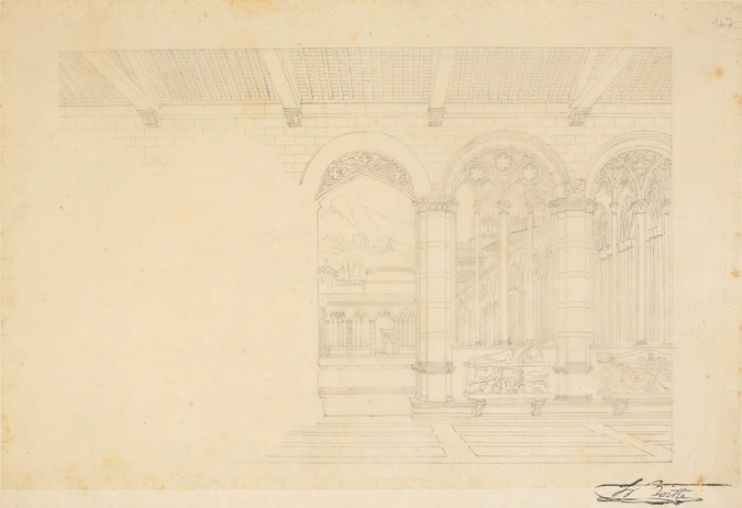 Italie du Nord, Pise, le Campo Santo et le Dôme vus à travers les arcades de l'une des galeries - Louis Boitte