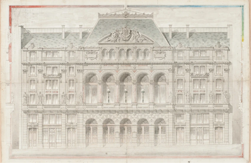 Théâtre de la Gaîté, élévation de la facade principale et profils - Alphonse Cusin