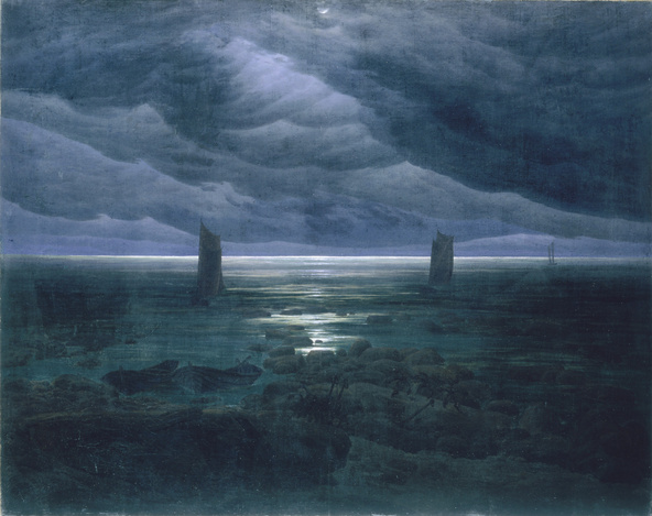 Caspar David Friedrich-Rivage avec la lune cachée par des nuages (Clair de lune sur la mer) (Mond hinter Wolken über dem Meeresufer (Meeresküste bei Mondschein))