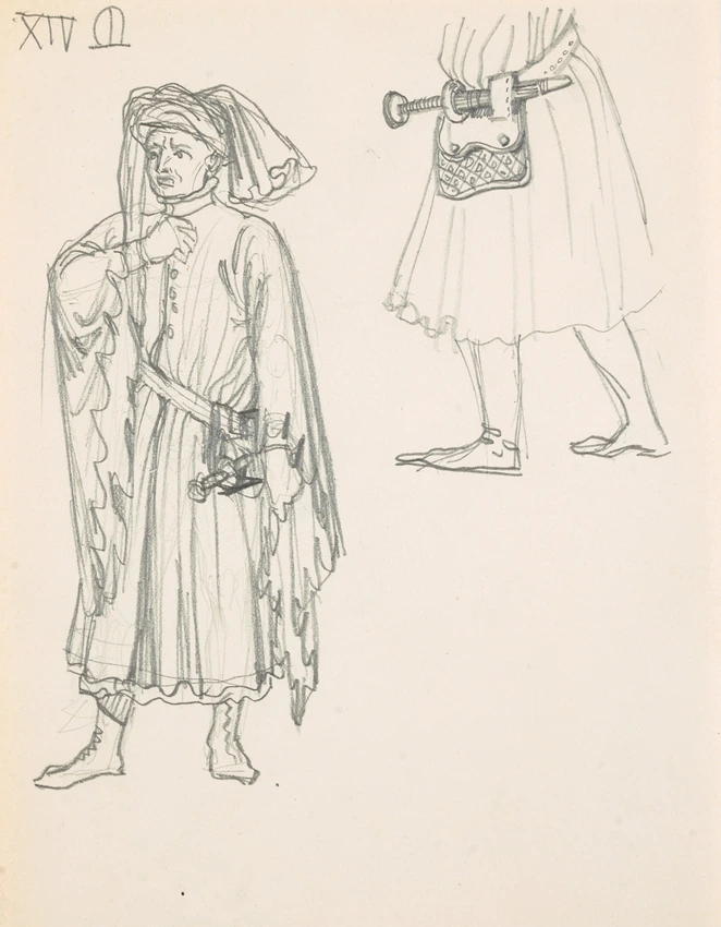 Etude d'homme en costume du 14e siècle et de ceinture - Eugène Grasset