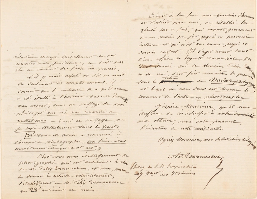 Lettre d'Adrien Tournachon au directeur du Courrier du Palais, concernant le compte-rendu du procès qui l'a opposé à son frère - Adrien Tournachon