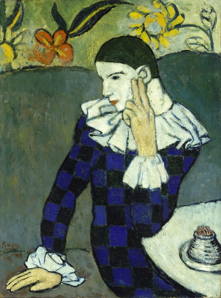 Pablo Picasso-Arlequin assis