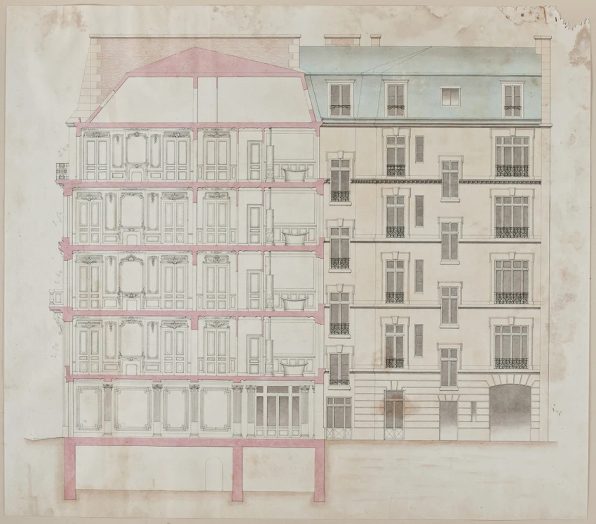 Propriété de Monsieur Dehaynin, 6 rue Cambon à Paris, élévation de la façade et coupe longitudinale - Jules Sassiat