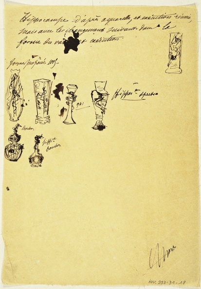 Emile Gallé-Page manuscrite autographe avec six croquis de vases : Hippocampes