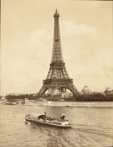 La Tour Eiffel pendant l'Exposition universelle de 1889. Au premier plan la Seine - Neurdein frères