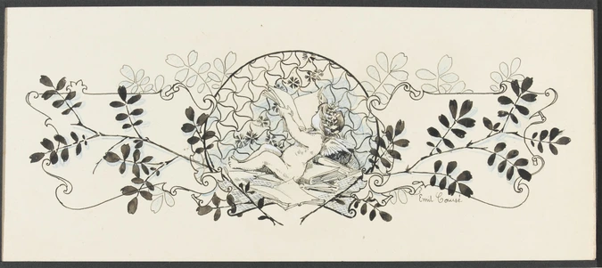 Motif décoratif comportant dans un tondo un amour ailé lisant un livre, l'ensemble est entouré de frises de feuilles - Emile Causé