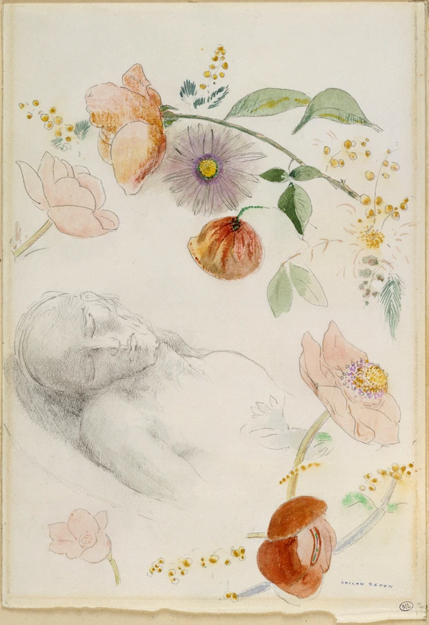 dessin en feuille, Odilon Redon, Buste d'homme aux yeux clos, entouré de fleurs