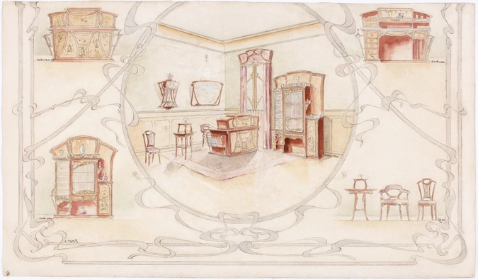 Projet de mobilier pour un bureau : meuble de rangement, bureau, chaise et fauteuil, selette, pendule, miroir - Louis Majorelle