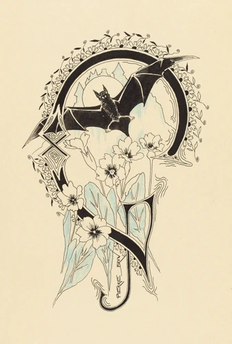 Lettre ornée G, avec une chauve-souris, des fleurs - Pierre Brun
