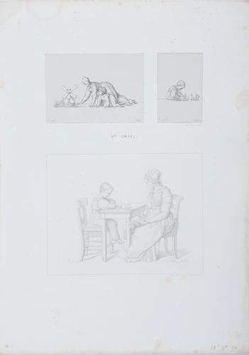 Trois croquis : femme jouant avec un enfant, enfant jouant assis par terre, enfant et femme assis à une table - Victor