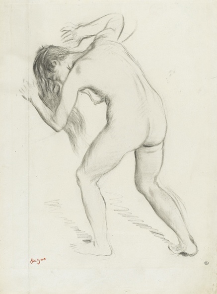 Edgar Degas-Femme nue debout, penchée en avant, cheveux défaits, étude pour Scène de guerre au Moyen àge