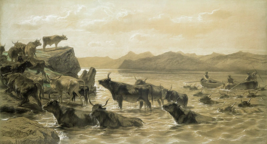 pastel, Rosa Bonheur, Bœufs traversant un lac devant Ballachulish (Ecosse) ou Troupeau traversant une rivière, entre 1867 et 1873
