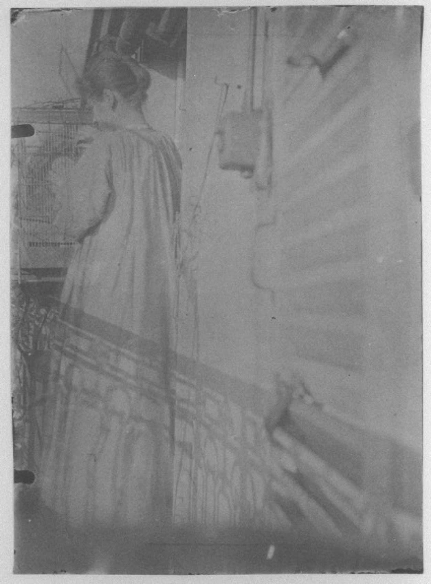 Madame Rivière de dos sur un balcon, devant une cage à oiseaux - Henri Rivière