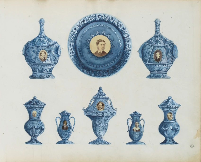 Portraits ornant un service en porcelaine blanc et bleu - Georgiana Louisa Berkeley