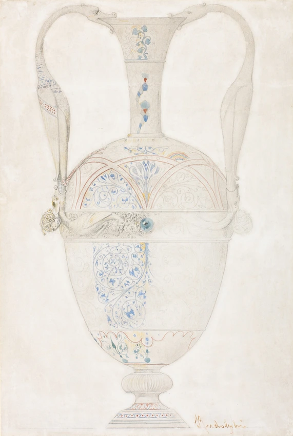 Projet de vase de style byzantin en acier repercé à jour et damasquiné d'or et d'argent - Frédéric-Jules Rudolphi