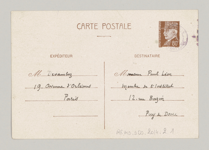 Carte postale d'André Devambez à Paul Léon du 28 septembre 1941 - André Devambez