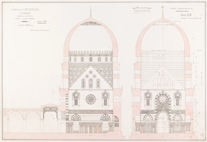 Chapelle L.M. Schilizzi à Livourne (Italie), coupe longitudinale et coupe transversale - Ambroise Baudry