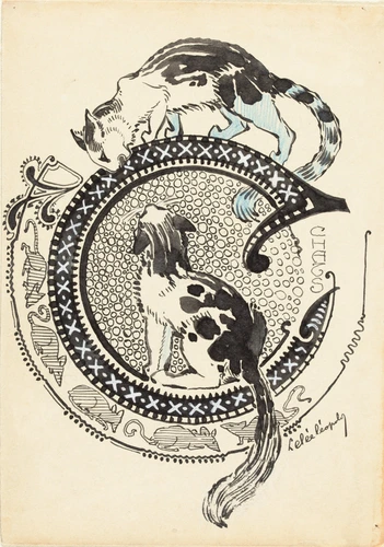 Lettre enluminée C, représentation de deux chats et de petites souris - Léopold Lelée | Musée d'Orsay