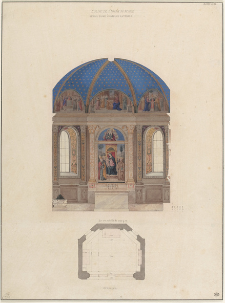 Léon Vaudoyer-Chapelle latérale de Sainte Marie du Peuple, Rome, élevation et plan