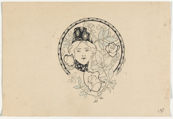 Motif décoratif dans un cercle, tête de jeune page entourée de fleurs - Pierre Brun