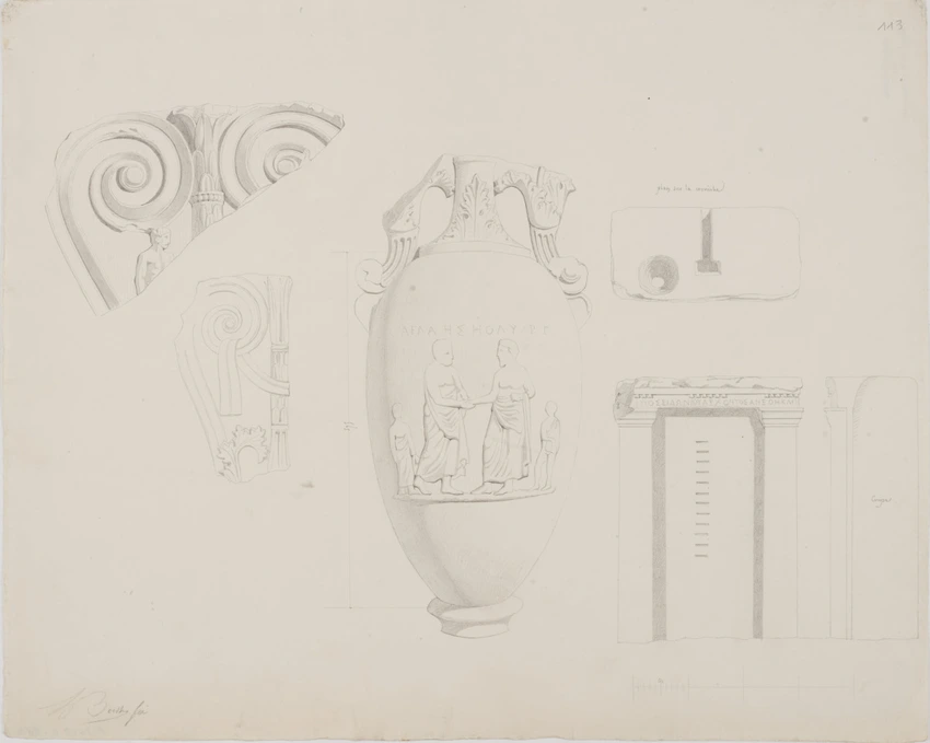 Fragments de vases et porte, vue, plan sur la corniche et coupe - Louis Boitte