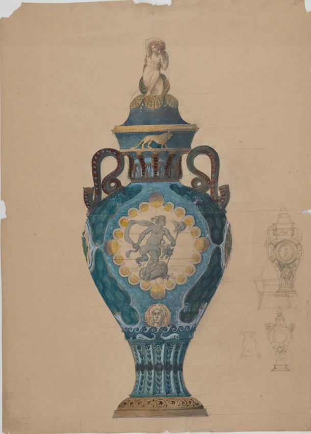 Projets pour la Manufacture de Sèvres, projet de vase ou d'urne décoré d'un médaillon représentant Vénus sur son char tiré par des colombes - Louis Boitte