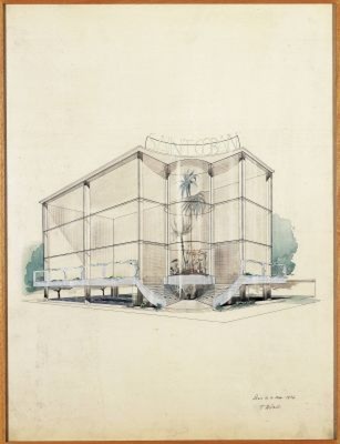 Jacques Adnet-Exposition internationale des arts et techniques de Paris, 1937, perspective (premier projet) pour le pavillon de Saint-Gobain