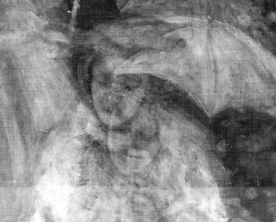 Femmes au jardin de Monet : Radiographie, détail du changement de position du visage de Camille