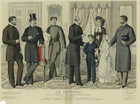 Le Progrès 363. Personnages en costumes d'hiver et en manteaux gris et marron. Garçon en costume bleu et fillette