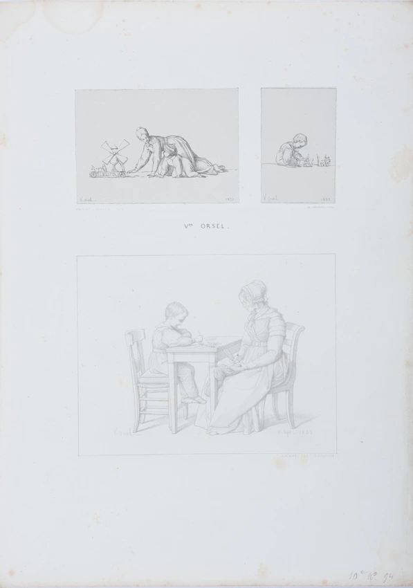 Trois croquis : femme jouant avec un enfant, enfant jouant assis par terre, enfant et femme assis à une table - Victor