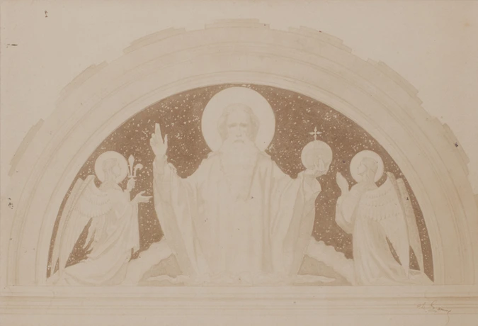 Photographie d'une étude pour un décor mural représentant Dieu le Père entre deux anges, présentant une fleur de lys à gauche et en prière à droite - D. Freuler