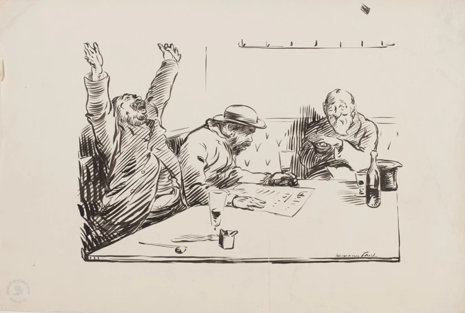 Trois hommes attablés réagissant à la lecture du journal - Hermann-Paul