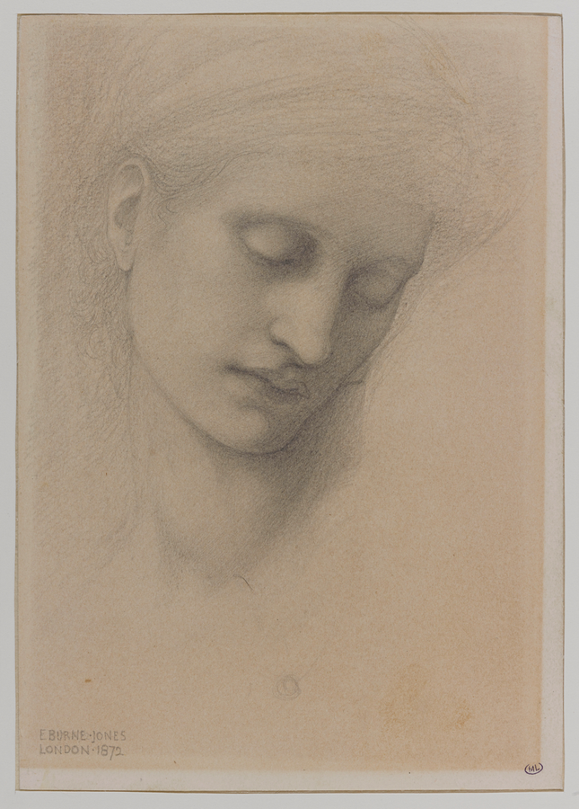 dessin en feuille, Edward Burne-Jones, Tête de jeune femme les yeux baissés
