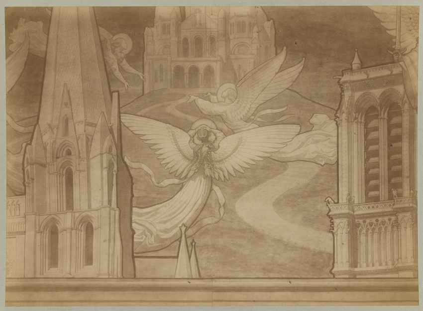 Photographie d'un détail du carton pour la mosaïque Le Voeu de Louis XIII, anges volant parmi Notre-Dame-de-Chartres à gauche, le Sacré-Coeur au milieu et Notre-Dame-de-Paris à droite - D. Freuler