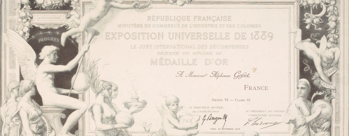archives, Anonyme, Diplôme de récompense, médaille d'or, décerné à Alfonse Gosset lors de l'Exposition universelle de 1889, en 1889
