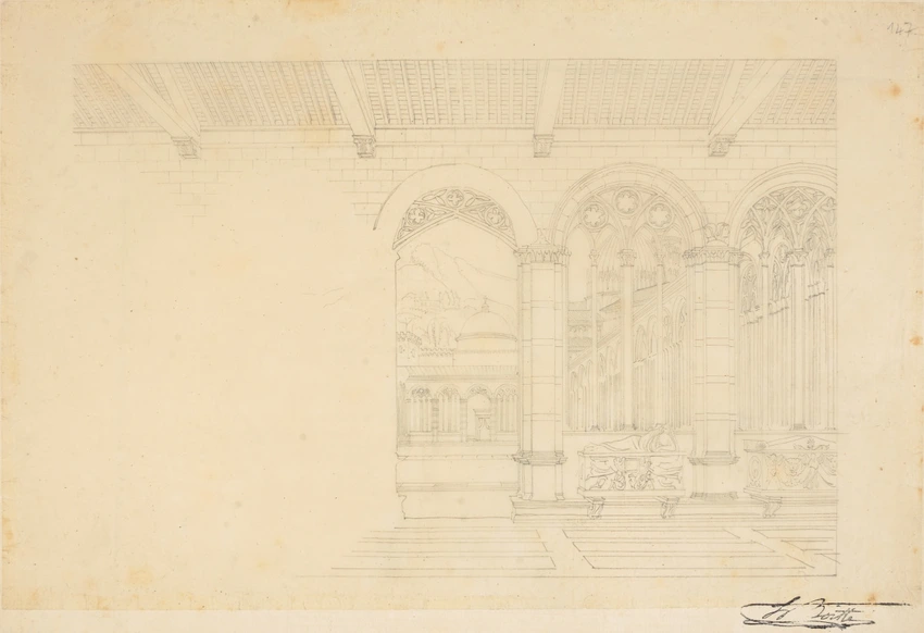 Italie du Nord, Pise, le Campo Santo et le Dôme vus à travers les arcades de l'une des galeries - Louis Boitte
